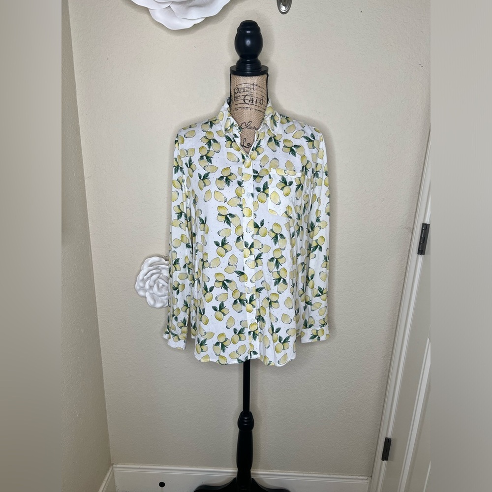 NTM: BeachLunchLounge Lemon Printed Alanna Button Down Long Sleeve Top Sz L - Picture 2 of 16
